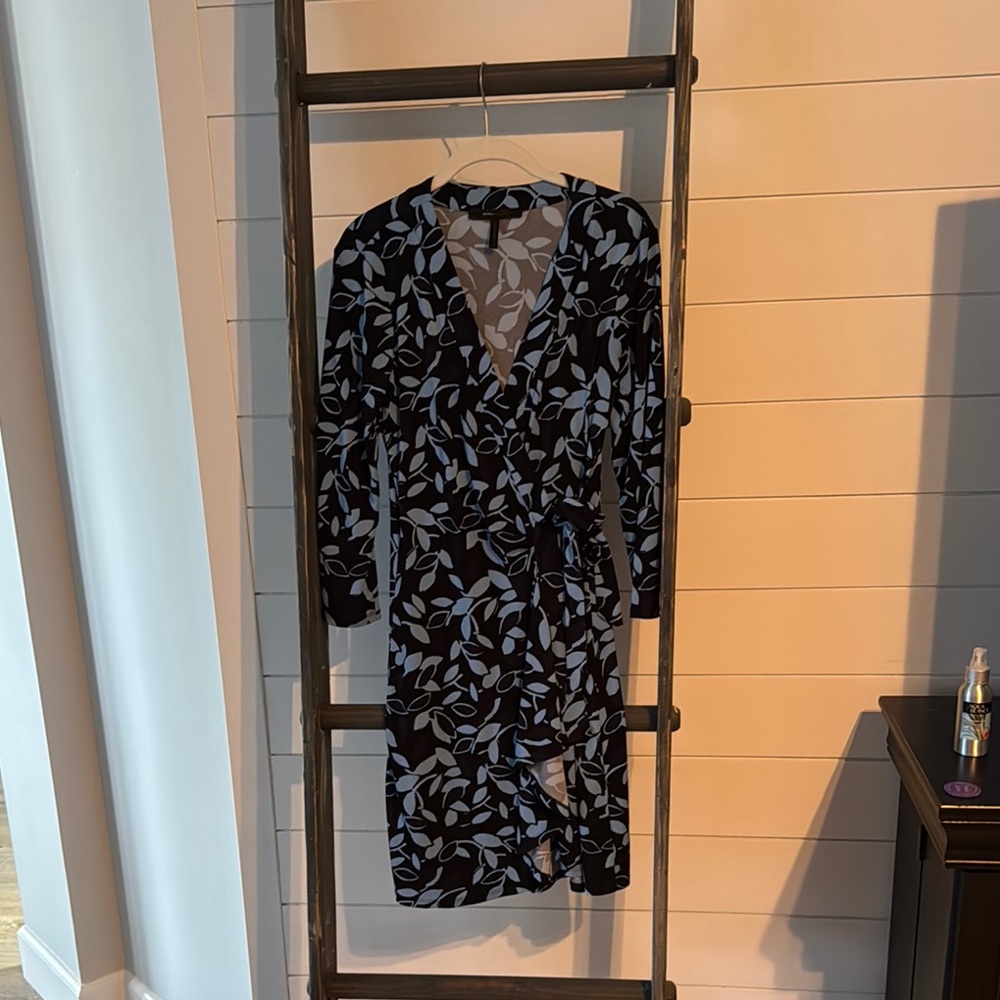 BCBGMaxAzria Black and Blue Floral Long Sleeve Wrap Dress